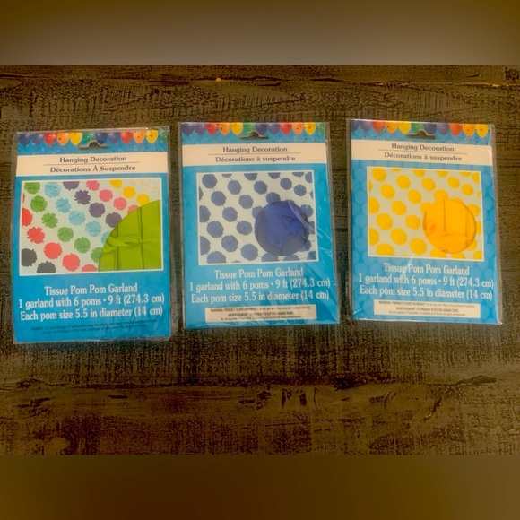 Pom Pom Garlands, Yellow, Green, Blue, 9ft long each, NWT, 6 Poms on each strand - Picture 1 of 3